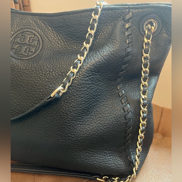 Tory Burch Black Marion Pebbled Leather Slouchy Tote Convertible Bag - Picture 10 of 16